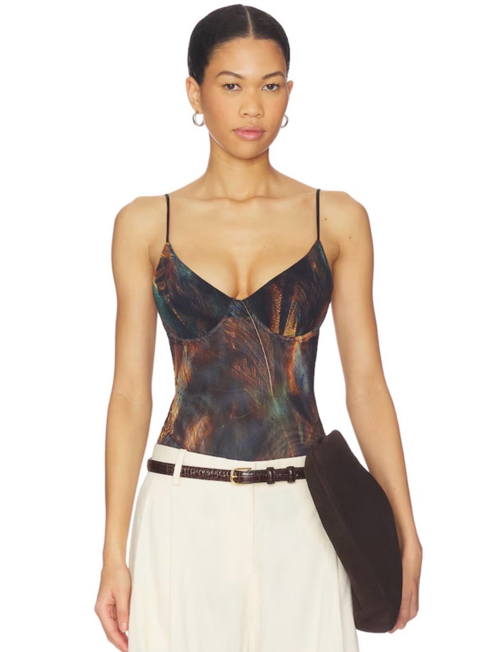 L’agence Sleek Print Spaghetti Strap bodysuit- Black Multi